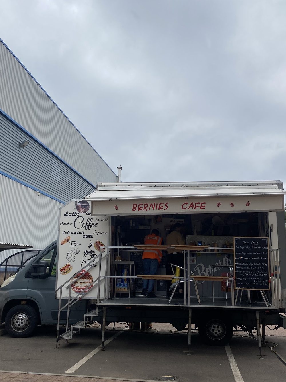 The Bernie's catering trailer parked in the car park with its serving hatch open